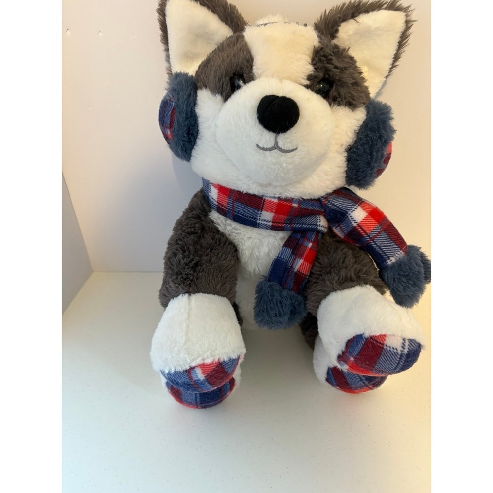 Plush Husky Dog Stuffed Animal with Scarf and Earmuffs